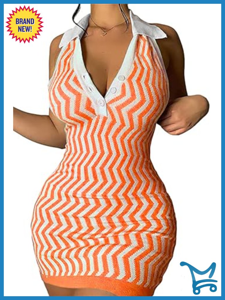 Striped V-Neck Backless Halter Bodycon Mini Sundress Club Night Out